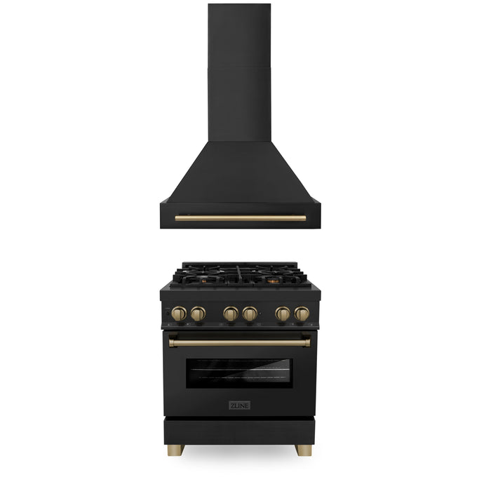 ZLINE Autograph Edition 30 in. Kitchen Package with Black Stainless Steel Dual Fuel Range and Range Hood with Champagne Bronze Accents (2AKP-RABRH30-CB)