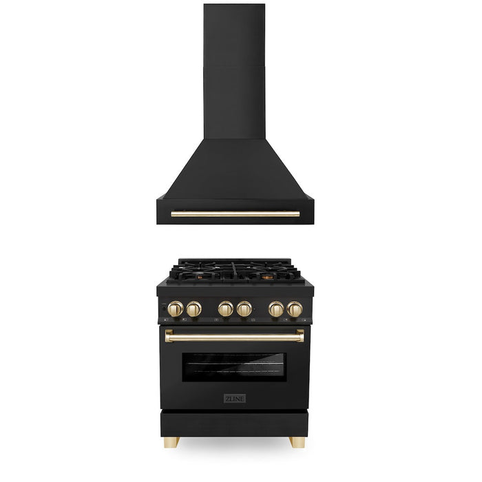 ZLINE Autograph Edition 30 in. Kitchen Package with Black Stainless Steel Dual Fuel Range and Range Hood with Polished Gold Accents (2AKP-RABRH30-G)