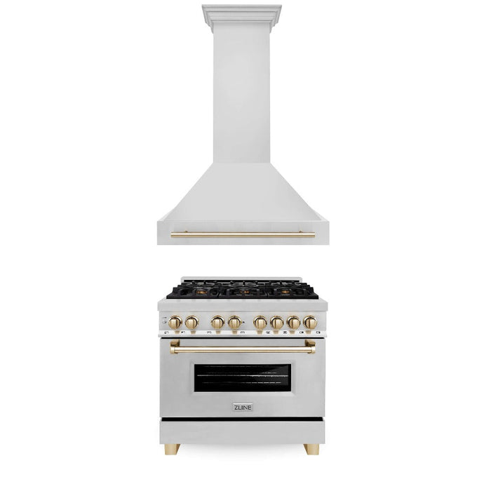 ZLINE Autograph Edition 36 in. Kitchen Package with Stainless Steel Dual Fuel Range and Range Hood with Polished Gold Accents (2AKP-RARH36-G)