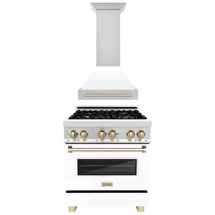 ZLINE Autograph Edition 30 in. Kitchen Package with Stainless Steel Dual Fuel Range with White Matte Door and Range Hood with Polished Gold Accents (2AKP-RAWMRH30-G)