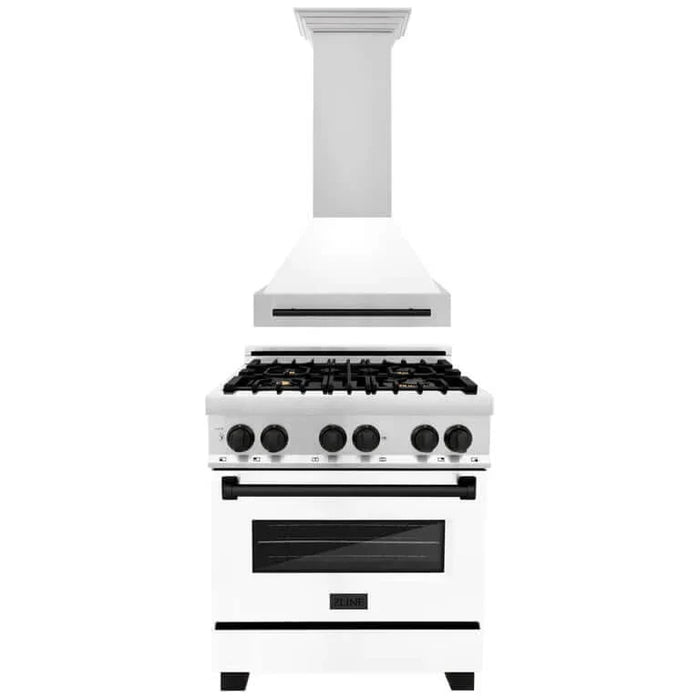 ZLINE Autograph Edition 30 in. Kitchen Package with Stainless Steel Dual Fuel Range with White Matte Door and Range Hood with Matte Black Accents (2AKP-RAWMRH30-MB)