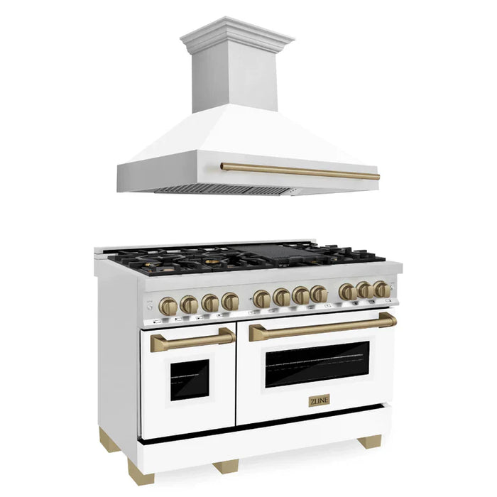 ZLINE Autograph Edition 48 in. Kitchen Package with Stainless Steel Dual Fuel Range with White Matte Door and Range Hood with Champagne Bronze Accents (2AKP-RAWMRH48-CB)