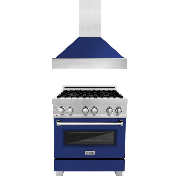 ZLINE 30 in. Kitchen Package with Fingerprint Resistant Stainless Steel Dual Fuel Range with Blue Gloss Door and Convertible Vent Range Hood (2KP-RASBGRH30)