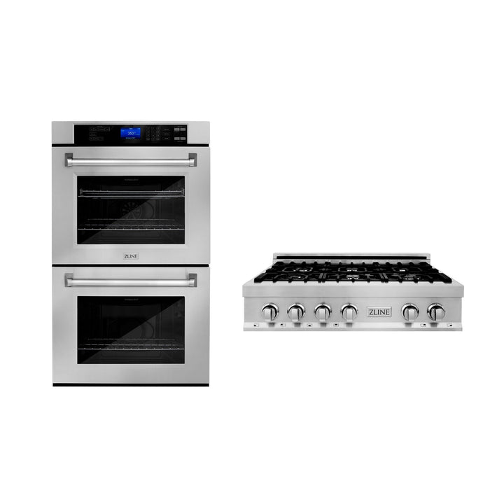 ZLINE Kitchen Package with 36 in. Stainless Steel Rangetop and 30 in. Double Wall Oven (2KP-RTAWD36)