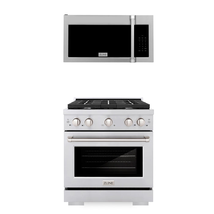 ZLINE 30 in. Kitchen Package Stainless Steel Gas Range and Over The Range Microwave with Traditional Handle