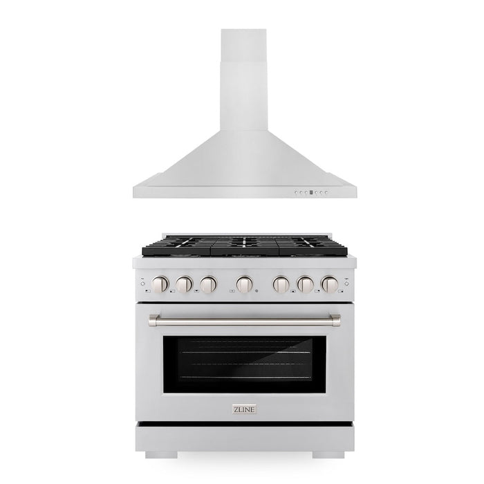 ZLINE 36 in. Kitchen Package with Stainless Steel Gas Range and Convertible Vent Range Hood (2KP-SGRRH36)