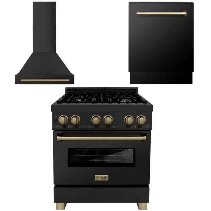 ZLINE Autograph Edition 30 in. Kitchen Package with Black Stainless Steel Dual Fuel Range, Range Hood and Dishwasher with Champagne Bronze Accents (3AKP-RABRHDWV30-CB)