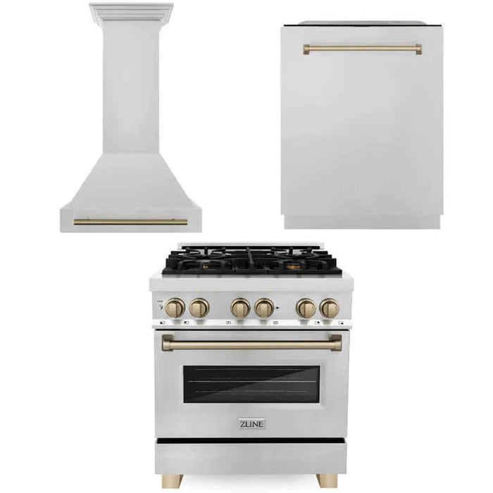 ZLINE Autograph Edition 30 in. Kitchen Package with Stainless Steel Dual Fuel Range, Range Hood and Dishwasher with Champagne Bronze Accents (3AKP-RARHDWM30-CB)