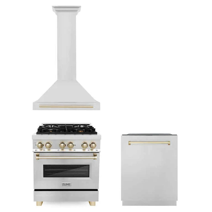 ZLINE Autograph Edition 30 in. Kitchen Package with Stainless Steel Dual Fuel Range, Range Hood and Dishwasher with Polished Gold Accents (3AKP-RARHDWM30-G)