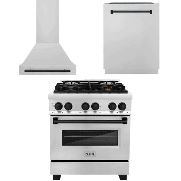 ZLINE Autograph Edition 30 in. Kitchen Package with Stainless Steel Dual Fuel Range, Range Hood and Dishwasher with Matte Black Accents (3AKP-RARHDWM30-MB)