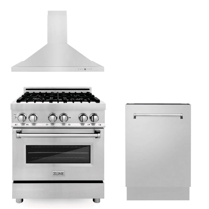 ZLINE 30 in. Kitchen Package with Stainless Steel Dual Fuel Range, Convertible Vent Range Hood and Dishwasher (3KP-RARH30-DW)