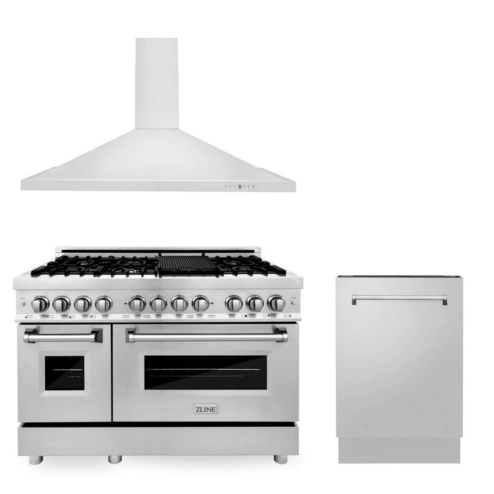 ZLINE 48 in. Kitchen Package with Stainless Steel Dual Fuel Range, Convertible Vent Range Hood and Tall Tub Dishwasher (3KP-RARH48-DWV)