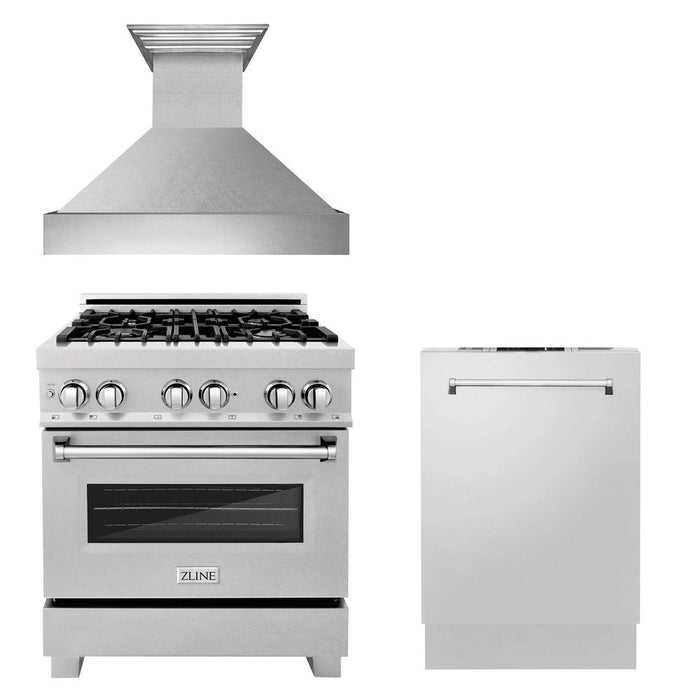 ZLINE 30 in. Kitchen Package with DuraSnow® Stainless Dual Fuel Range, Ducted Vent Range Hood and Tall Tub Dishwasher (3KP-RASRH30-DWV)