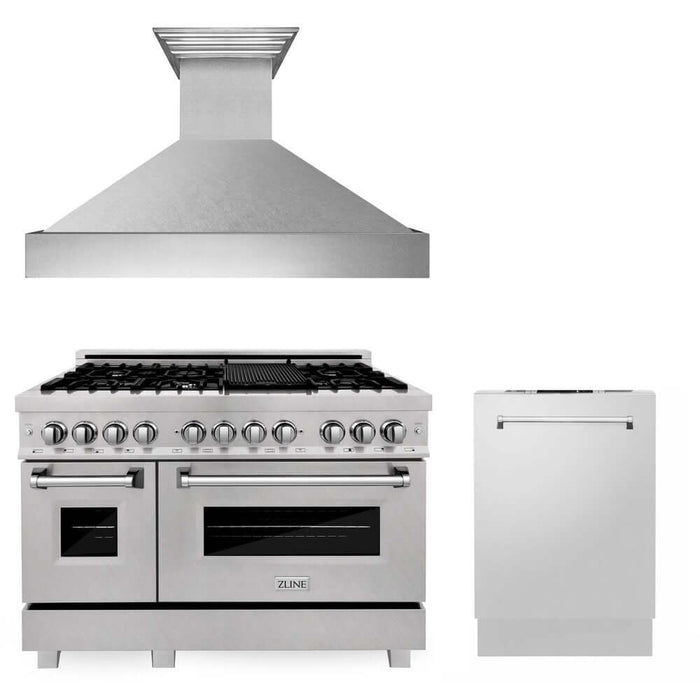 ZLINE 48 in. Kitchen Package with DuraSnow® Stainless Dual Fuel Range, Ducted Vent Range Hood and Dishwasher (3KP-RASRH48-DW)