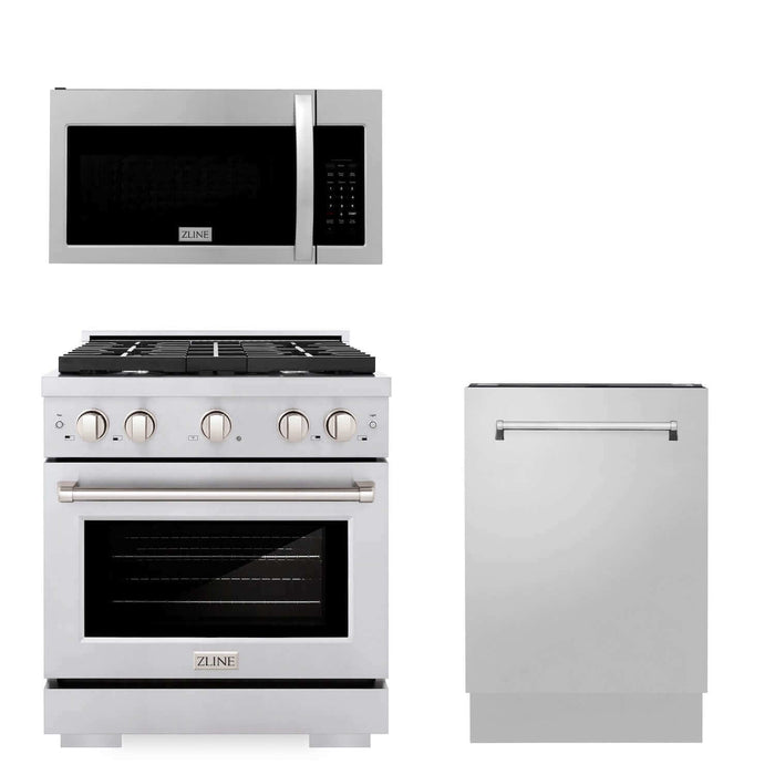 ZLINE 30 in. Kitchen Package with Stainless Steel Gas Range, Modern Over The Range Microwave and Tall Tub Dishwasher