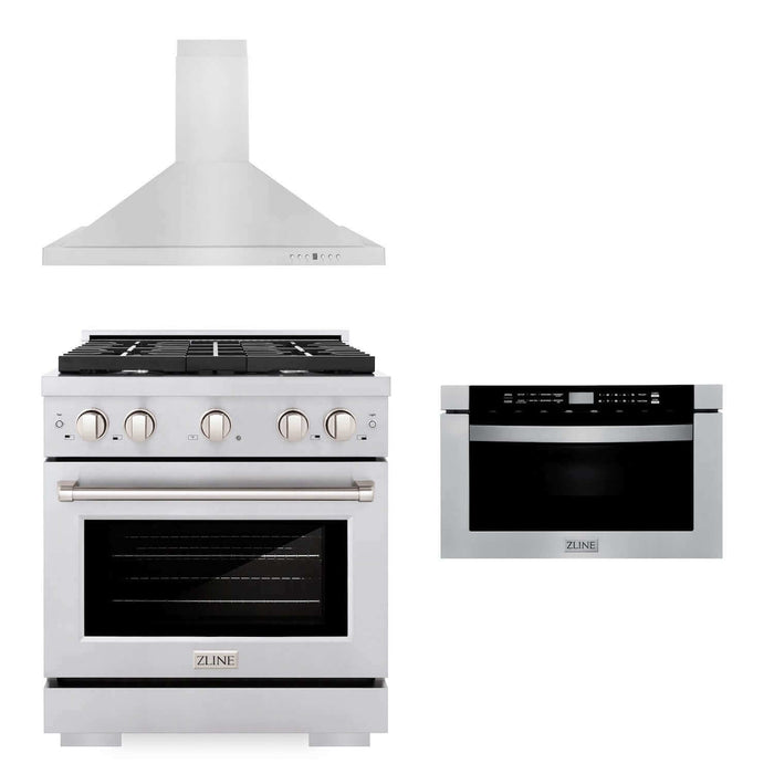 ZLINE 30 in. Kitchen Package with Stainless Steel Gas Range, Convertible Vent Range Hood and Microwave Drawer