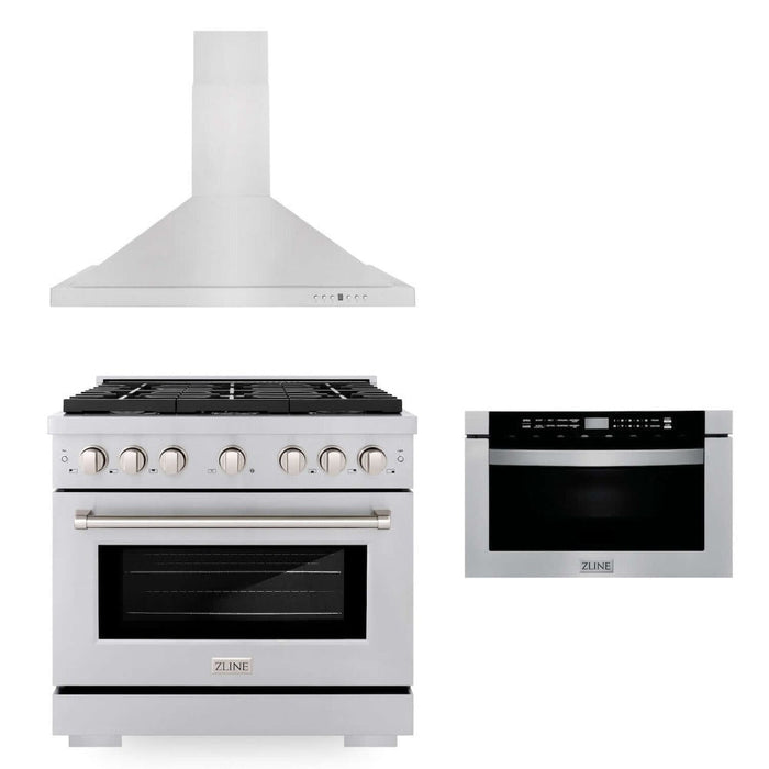 ZLINE 36 in. Kitchen Package with Stainless Steel Gas Range, Convertible Vent Range Hood and Microwave Drawer