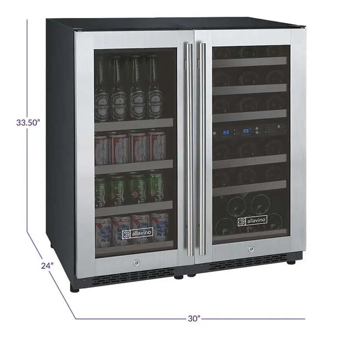 Allavino 30" Wide FlexCount II Tru-Vino 30 Bottle/88 Can Dual Zone Stainless Steel Side-by-Side Wine Refrigerator/Beverage Center