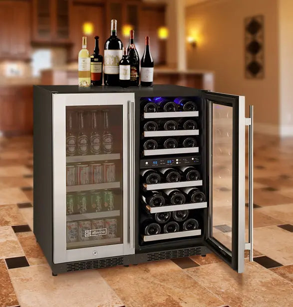 Allavino 30" Wide FlexCount II Tru-Vino 30 Bottle/88 Can Dual Zone Stainless Steel Side-by-Side Wine Refrigerator/Beverage Center