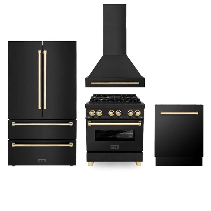 ZLINE Autograph Edition Kitchen Package in Black Stainless Steel with 30 in. Dual Fuel Range, 30 in. Range Hood, 24 in. Dishwasher and 36 in. French Door Refrigerator with Polished Gold Accents (4AKPR-RABRHDWV30-G)