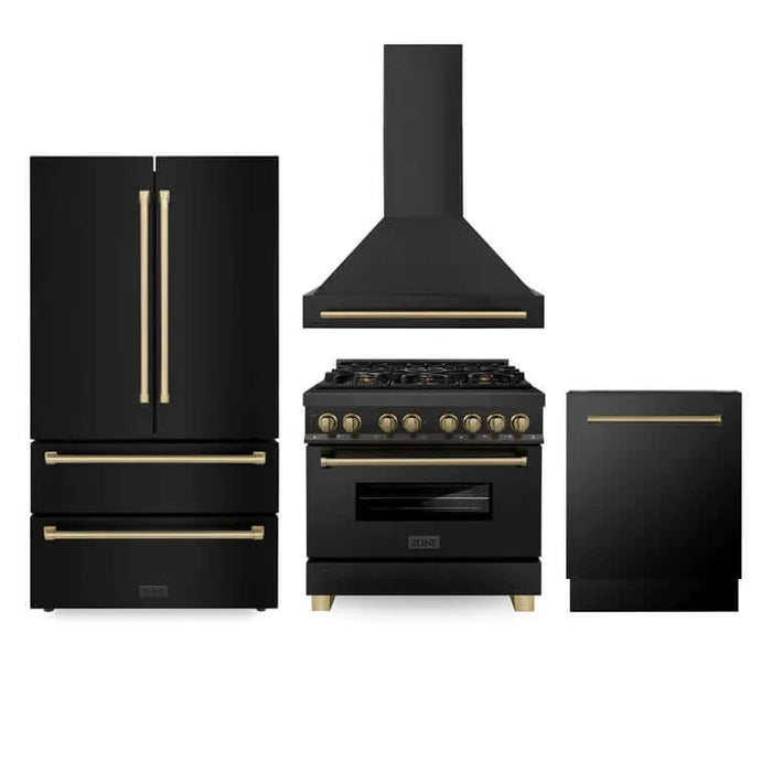 ZLINE Autograph Edition 36 in. Kitchen Package with Black Stainless Steel Dual Fuel Range, Range Hood, Dishwasher and Refrigeration with Champagne Bronze Accents (4AKPR-RABRHDWV36-CB)