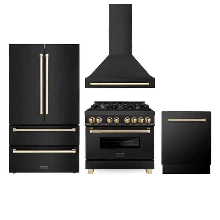 ZLINE Autograph Edition 36 in. Kitchen Package with Black Stainless Steel Dual Fuel Range, Range Hood, Dishwasher, and French Door Refrigerator with Polished Gold Accents (4AKPR-RABRHDWV36-G)