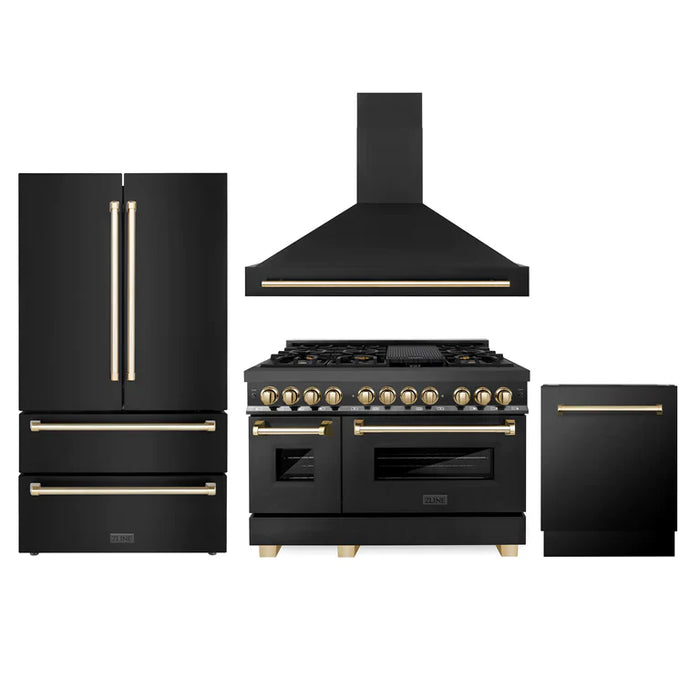 ZLINE Autograph Edition 48 in. Kitchen Package with Black Stainless Steel Dual Fuel Range, Range Hood, Dishwasher and Refrigeration Including External Water Dispenser with Polished Gold Accents (4AKPR-RABRHDWV48-G)