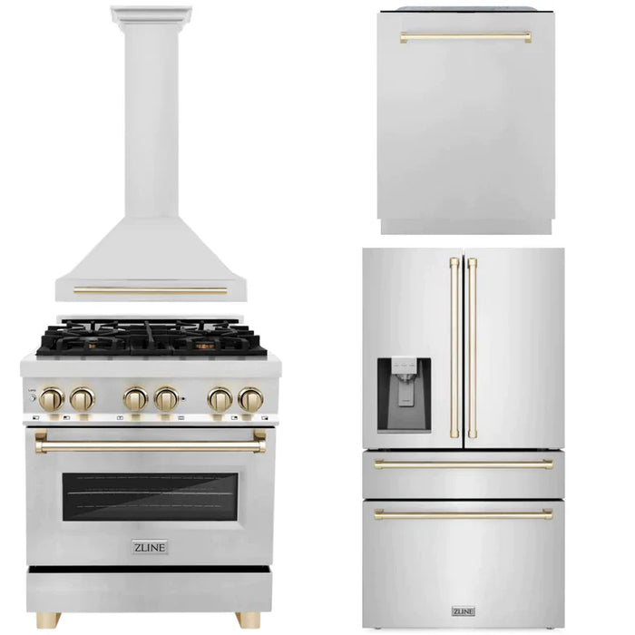 ZLINE Autograph Edition 30 in. Kitchen Package with Stainless Steel Dual Fuel Range, Range Hood, Dishwasher and French Door Refrigerator with External Water Dispenser with Polished Gold Accents (4AKPR-RARHDWM30-G)