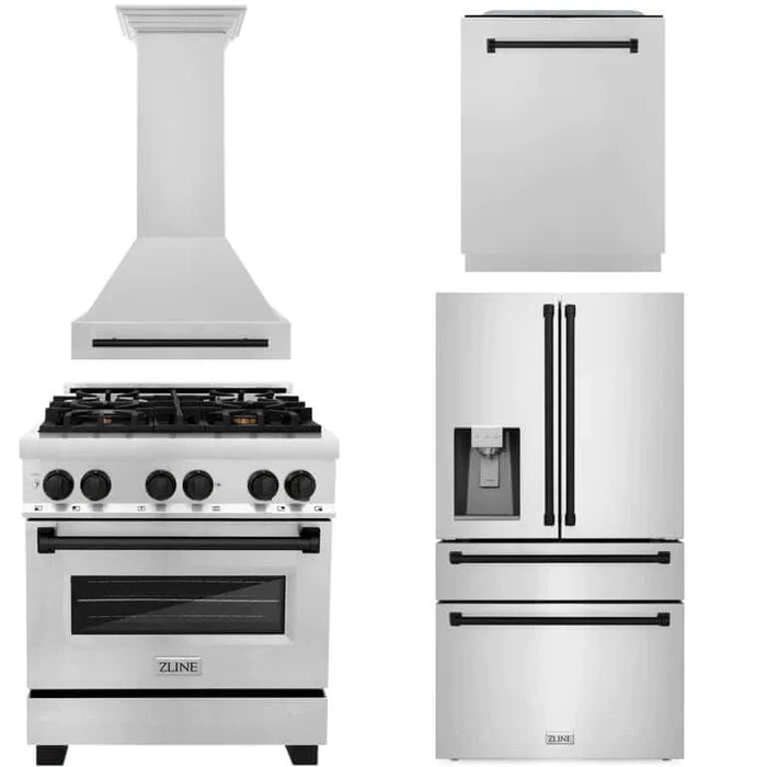 ZLINE Autograph Edition 30 in. Kitchen Package with Stainless Steel Dual Fuel Range, Range Hood, Dishwasher and Refrigeration Including External Water Dispenser with Matte Black Accents (4AKPR-RARHDWM30-MB)