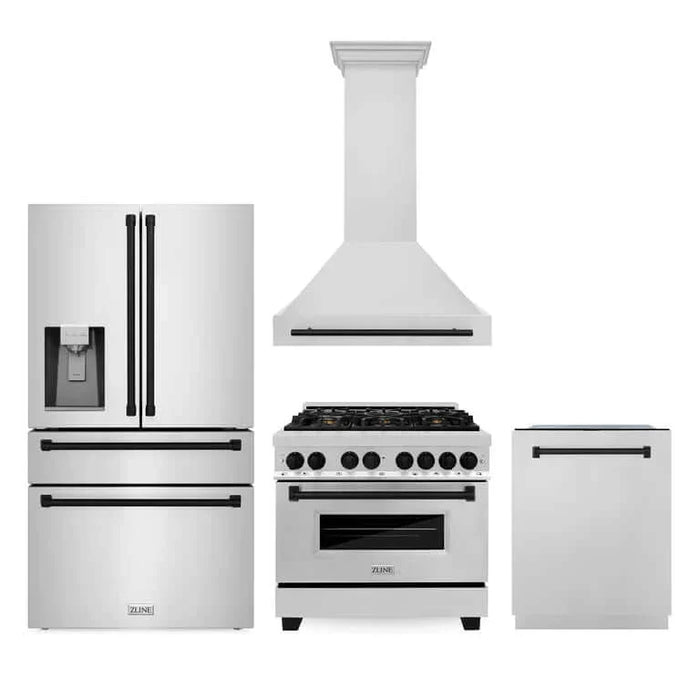 ZLINE Autograph Edition 36 in. Kitchen Package with Stainless Steel Dual Fuel Range, Range Hood, Dishwasher and Refrigeration Including External Water Dispenser with Matte Black Accents (4AKPR-RARHDWM36-MB)