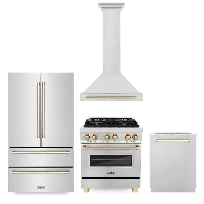 ZLINE Autograph Edition 30 in. Kitchen Package with Stainless Steel Dual Fuel Range, Range Hood, Dishwasher and French Door Refrigerator with Polished Gold Accents (4KAPR-RARHDWM30-G)