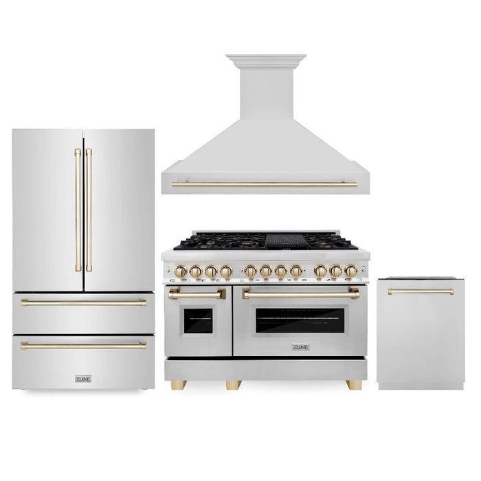 ZLINE  Autograph Edition 48 in. Kitchen Package with Stainless Steel Dual Fuel Range, Range Hood, Dishwasher and Refrigerator with Polished Gold Accents (4KAPR-RARHDWM48-G)