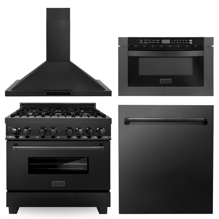 ZLINE 36 in. Kitchen Package with Black Stainless Steel Dual Fuel Range, Range Hood, Microwave Drawer and Dishwasher (4KP-RABRH36-MWDW)