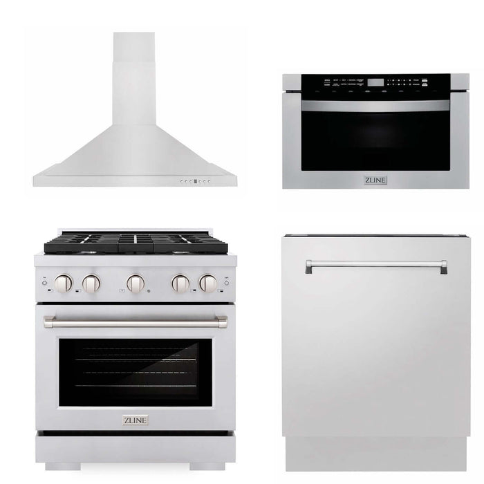 ZLINE 30 in. Kitchen Package with Stainless Steel Gas Range, Range Hood, Microwave Drawer and Tall Tub Dishwasher