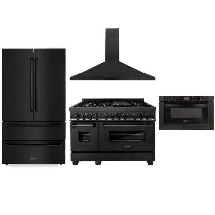 ZLINE Kitchen Package with Black Stainless Steel Refrigeration, 48 in. Dual Fuel Range and Microwave Drawer (4KPR-RABRH48-MW)