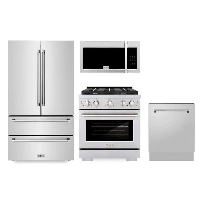 ZLINE Kitchen Package with Refrigeration, 30 in.  Stainless Steel Gas Range, 30 in.  Traditional Over The Range Microwave and 24 in.  Tall Tub Dishwasher (4KPR-SGROTRH30-DWV)