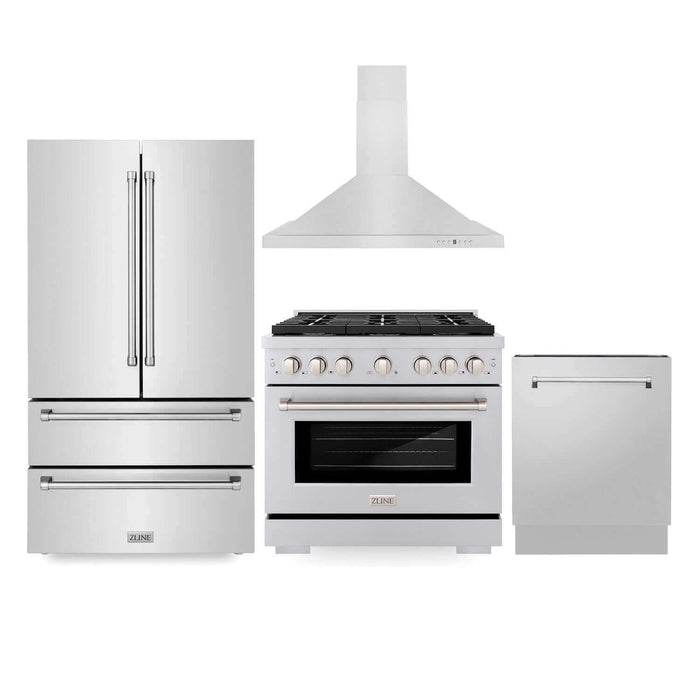 ZLINE Kitchen Package with Refrigeration, 36" Stainless Steel Gas Range, 36" Convertible Vent Range Hood and 24 in.  Tall Tub Dishwasher