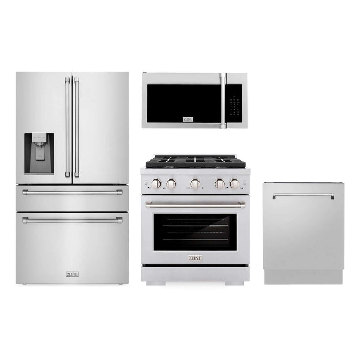 ZLINE Kitchen Package with Water and Ice Dispenser Refrigerator, 30 in.  Gas Range, 30 in.  Over the Range Microwave and 24 in.  Tall Tub Dishwasher