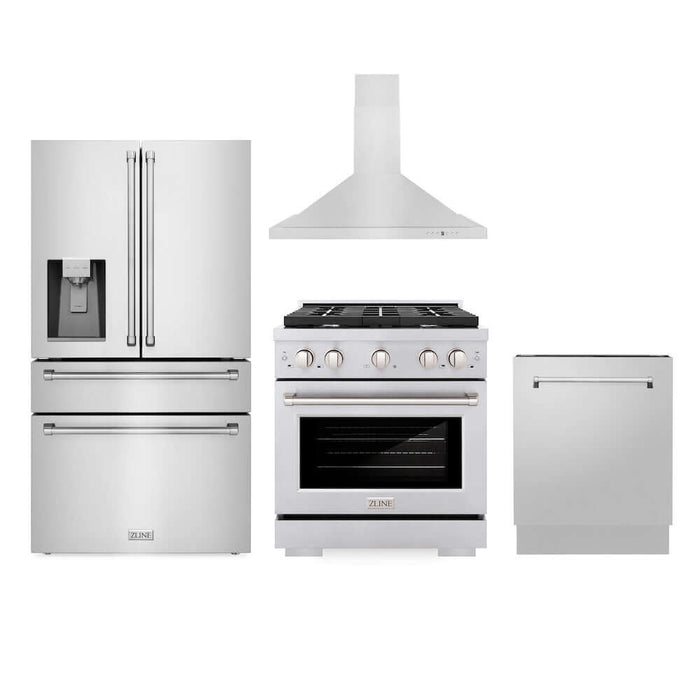 ZLINE Kitchen Package with Water and Ice Dispenser Refrigerator, 30 in.  Gas Range, 30 in.  Range Hood, and 24 in.  Tall Tub Dishwasher