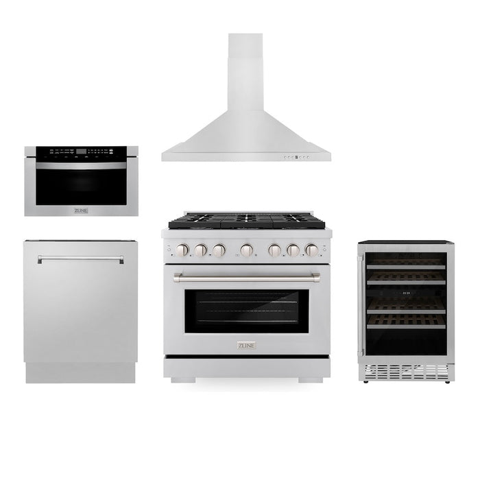 ZLINE 36 in. Kitchen Package with Stainless Steel Gas Range, Range Hood, Microwave Drawer, Tall Tub Dishwasher and Wine Cooler