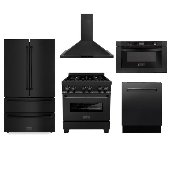 ZLINE Kitchen Package with Black Stainless Steel Refrigeration, 30 in. Dual Fuel Range, 30 in. Range Hood, Microwave Drawer, and 24 in. Tall Tub Dishwasher (5KPR-RABRH-MWDWV)