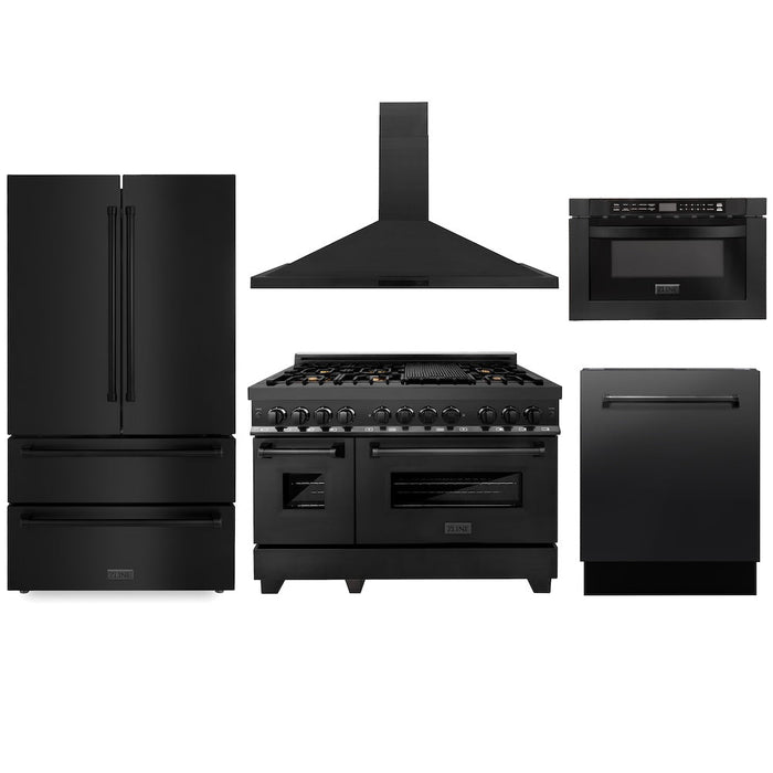 ZLINE Kitchen Package with Black Stainless Steel Refrigeration, 48 in. Dual Fuel Range, 48 in. Range Hood, Microwave Drawer, and 24 in. Tall Tub Dishwasher (5KPR-RABRH48-MWDWV)