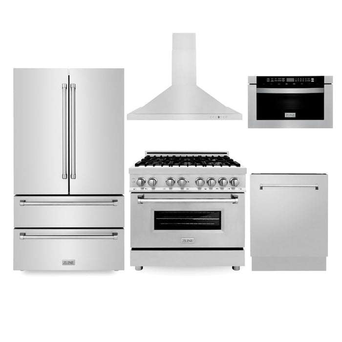 ZLINE Kitchen Package with Refrigeration, 36 in. Stainless Steel Dual Fuel Range, 36 in. Range Hood, Microwave Drawer, and 24 in. Tall Tub Dishwasher (5KPR-RARH36-MWDWV)