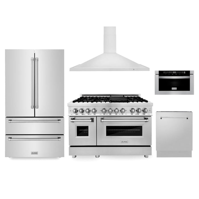 ZLINE Kitchen Package with Refrigeration, 48 in. Stainless Steel Dual Fuel Range, 48 in. Range Hood, Microwave Drawer, and 24 in. Tall Tub Dishwasher (5KPR-RARH48-MWDWV)