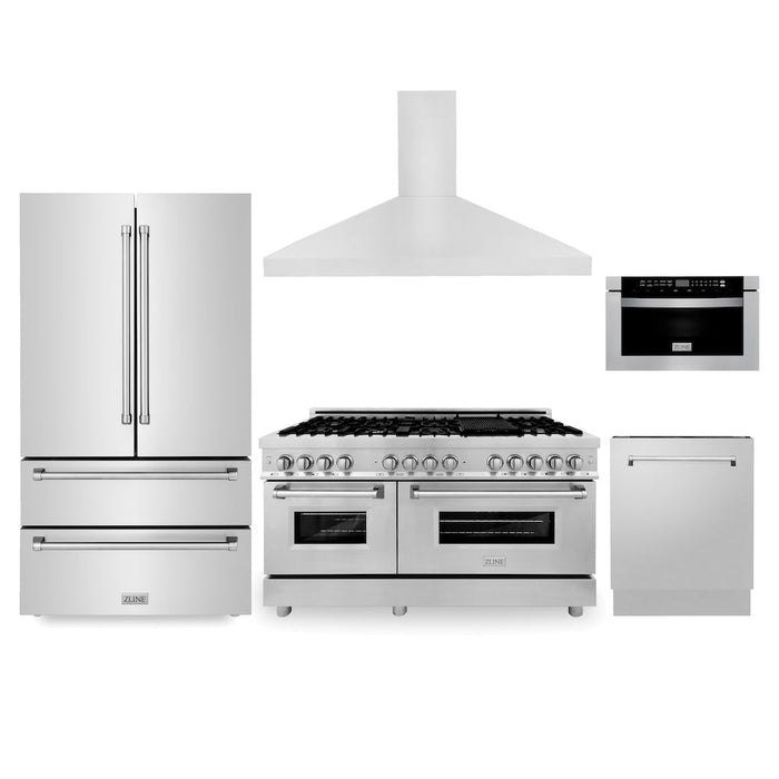 ZLINE Kitchen Package with Refrigeration, 60 in. Stainless Steel Dual Fuel Range, 60 in. Range Hood, Microwave Drawer, and 24 in. Tall Tub Dishwasher (5KPR-RARH60-MWDWV)