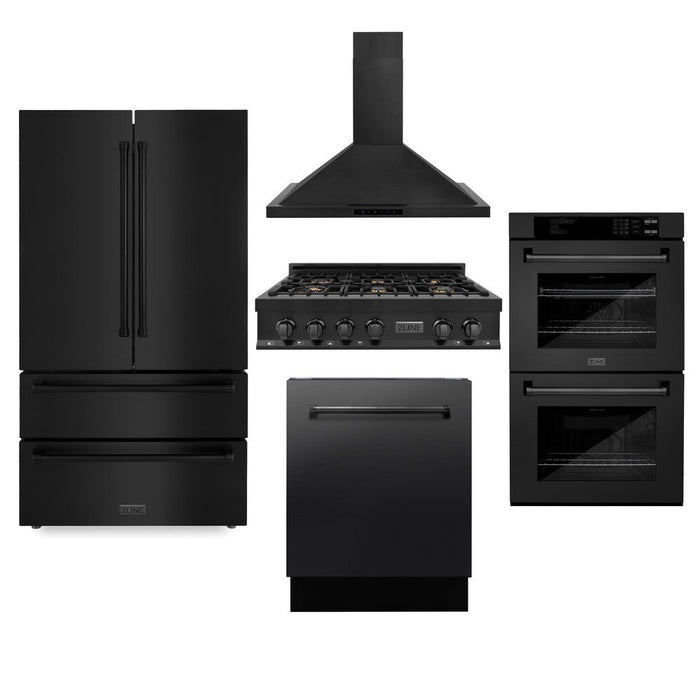 ZLINE Kitchen Package in Black Stainless Steel with 36 in. French Door Refrigerator, 36 in. Gas Stovetop, 36 in. Convertible Vent Range Hood, 30 in. Double Wall Oven, and 24 in. Tall Tub Dishwasher (5KPR-RTBRH36-AWDDWV)