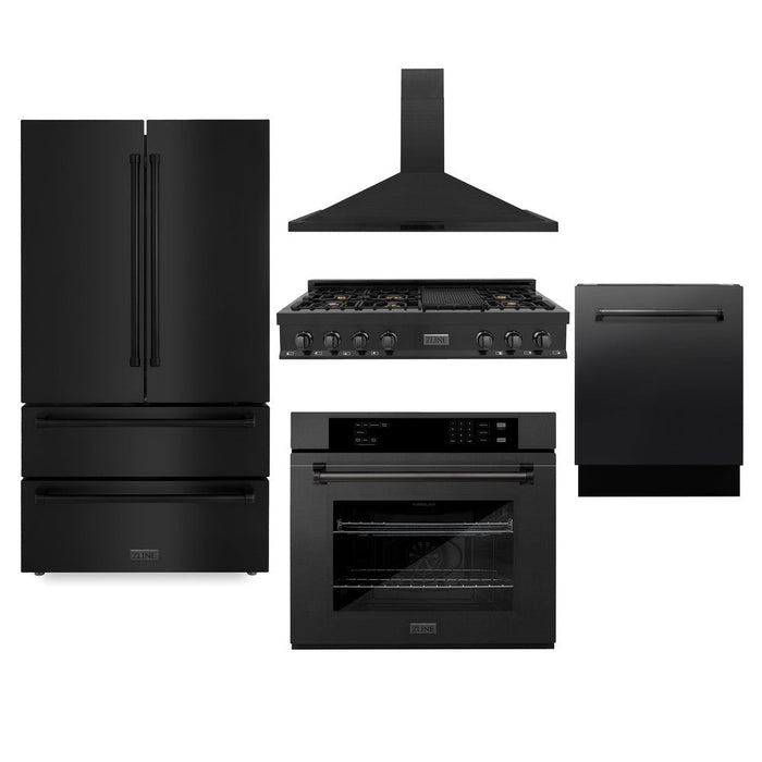 ZLINE Kitchen Package in Black Stainless Steel with 36 in. French Door Refrigerator, 48 in. Gas Rangetop, 48 in. Convertible Range Hood, 30 in. Wall Oven, and 24 in. Tall Tub Dishwasher (5KPR-RTBRH48-AWSDWV)