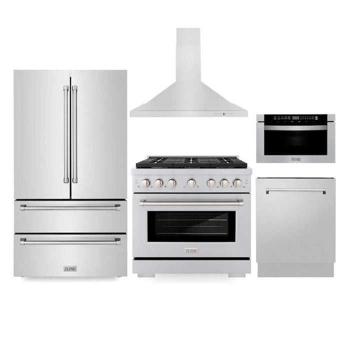 ZLINE Kitchen Package with Refrigeration, 36" Stainless Steel Gas Range, 36" Range Hood, Microwave Drawer, and 24 in.  Tall Tub Dishwasher