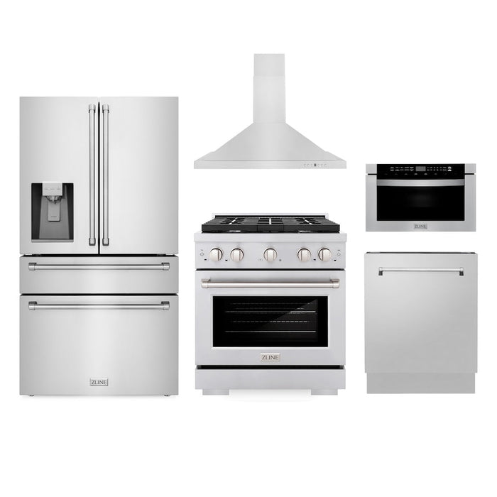 ZLINE Kitchen Package with Water and Ice Dispenser Refrigerator, 30 in.  Gas Range, 30 in.  Range Hood, Microwave Drawer, and 24 in.  Tall Tub Dishwasher