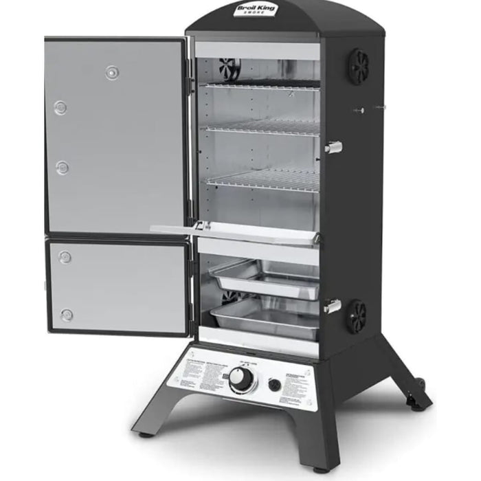 Broil King 28 Inch Vertical Natural Gas Smoker with 770 Sq. Inch. Total Cooking Space, 4 Adjustable Cooking Grids, Sure-Lite™ Electronic Ignition System, Roto-Draft™, 16 Meat Hooks, 4 Tool Hooks, Bottle Opener